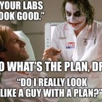 Why So Healthcare? | “YOUR LABS LOOK GOOD.”; “SO WHAT’S THE PLAN, DR.?”; “DO I REALLY LOOK LIKE A GUY WITH A PLAN?” | image tagged in joker ahd harvey,healthcare,health care,illness,sick | made w/ Imgflip meme maker