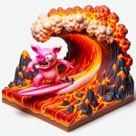 Pink Pepe looking like a pig , surfing down the lava from a volc meme