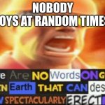 there are no words on god's green earth | NOBODY
BOYS AT RANDOM TIMES: | image tagged in there are no words on god's green earth | made w/ Imgflip meme maker