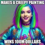 Popular Polly Meme #1 | MAKES A CREEPY PAINTING; WINS 100M DOLLARS | image tagged in popular polly | made w/ Imgflip meme maker