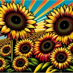 propaganda style pop art sunflowers facing up front