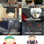 aouth park lore in a nutshell | *TURNS INTO JEW*; *HATES JEWS* | image tagged in i hate titans turns into titan,eric cartman,before and after | made w/ Imgflip meme maker