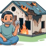 Man sitting inside a burning house with a dime in his hand