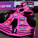 Pink formula 1 car with these slogans "PORK" " PNDC" " MAGMA" "L