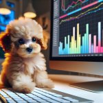 A toy poodle puppy lookign at a computer screen and typing on a