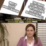 cOrPoRaTe NeEdS yOu To FiNd ThE dIfFeReNcEs | IMGFLIP USERS UPVOTE-BEGGING; YOUTUBERS TELLING YOU TO LIKE, SUBSCRIBE, AND HIT THE NOTIFICATION BELL; PHRASE; PHRASE; PHRASE | image tagged in corporate needs you to find the differences | made w/ Imgflip meme maker