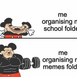 bros got his priorities | me organising my school folder; me organising my memes folder | image tagged in buff mickey mouse | made w/ Imgflip meme maker