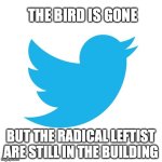 X support Team | THE BIRD IS GONE; BUT THE RADICAL LEFTIST ARE STILL IN THE BUILDING | image tagged in memes | made w/ Imgflip meme maker