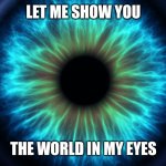 World in my eyes | LET ME SHOW YOU; THE WORLD IN MY EYES | image tagged in eye | made w/ Imgflip meme maker