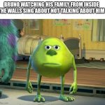 Mike Wazowski-Sulley Face Swap | BRUNO WATCHING HIS FAMILY FROM INSIDE THE WALLS SING ABOUT NOT TALKING ABOUT HIM | image tagged in mike wazowski-sulley face swap | made w/ Imgflip meme maker