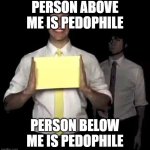 joe balley | PERSON ABOVE ME IS PEDOPHILE; PERSON BELOW ME IS PEDOPHILE | image tagged in cursed tally hall intro | made w/ Imgflip meme maker