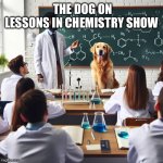 When the dog starts talking on lessons in chemistry | THE DOG ON LESSONS IN CHEMISTRY SHOW | image tagged in when the dog starts talking on lessons in chemistry | made w/ Imgflip meme maker
