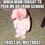 When mom forgot to pick me up from school | WHEN MOM FORGOT TO PICK ME UP FROM SCHOOL; TRUST VS. MISTRUST | image tagged in sorry for | made w/ Imgflip meme maker