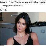 Annoyed woman (Sarah) | Sarah:  "I can't conceive, so take Hagar"; **Hagar conceives**; Sarah: | image tagged in annoyed woman,sarah,abraham | made w/ Imgflip meme maker