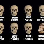 Fortnite < Minecraft, Roblox, Gmod, Call of Duty, GTA, WOW, and PubG | CALL OF DUTY PLAYERS; GMOD PLAYERS; MINECRAFT PLAYERS; ROBLOX PLAYERS; PUBG PLAYERS; GTA PLAYERS; WOW PLAYERS; FORTNITE PLAYERS | image tagged in skulls of truth,fortnite sucks | made w/ Imgflip meme maker