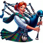 Cartoon image of Lady bagpiper in kilt playing the bagpipes