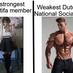 Strongest ___ Fan vs Weakest ___ Enjoyer | Weakest Dutch National Socialist; strongest Antifa member | image tagged in strongest ___ fan vs weakest ___ enjoyer,memes,antifa,dutch ns,national socialist | made w/ Imgflip meme maker