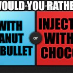 Would You Rather | WOULD YOU RATHER; GET SHOT WITH REESE'S PEANUT BUTTER CUP BULLET; INJECT YOURSELF WITH HERSHEY CHOCOLATE BAR | image tagged in would you rather,memes,meme,funny,fun,game | made w/ Imgflip meme maker