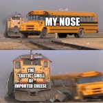 Imported Cheese | MY NOSE; THE "EXOTIC" SMELL OF IMPORTED CHEESE | image tagged in a train hitting a school bus,food memes,jpfan102504 | made w/ Imgflip meme maker