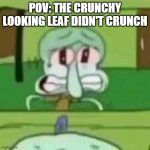 squidward crying | POV: THE CRUNCHY LOOKING LEAF DIDN'T CRUNCH | image tagged in squidward crying,memes,relatable | made w/ Imgflip meme maker