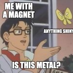 Is This A Pigeon | ME WITH A MAGNET; ANYTHING SHINY; IS THIS METAL? | image tagged in memes,is this a pigeon | made w/ Imgflip meme maker