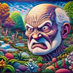 Angry old man in peaceful garden