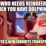 Dolphins are reindeers ?? | WHO NEEDS REINDEER WHEN YOU HAVE DOLPHINS? SANTA'S NEW FAVORITE TRANSPORT! | image tagged in dolphin,santa claus | made w/ Imgflip meme maker