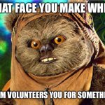 Angry Ewok | THAT FACE YOU MAKE WHEN; MOM VOLUNTEERS YOU FOR SOMETHING | image tagged in angry ewok | made w/ Imgflip meme maker