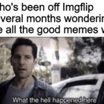 seriously where'd the good stuff go | Me who's been off Imgflip for several months wondering where all the good memes went: | image tagged in what the hell happened here | made w/ Imgflip meme maker