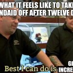 Twelve day bandaid | WHAT IT FEELS LIKE TO TAKE A BANDAID OFF AFTER TWELVE DAYS; GIVE YOU INCREDIBLE PAIN | image tagged in best i can do,relatable,jpfan102504 | made w/ Imgflip meme maker