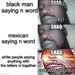 Shaq a real one for this | SHAQ:; I sleep; black man saying n word; I sleep; SHAQ:; mexican saying n word; SHAQ:; white people saying anything with the letters ni together; SAKANAGADIIKK | image tagged in 2 sleeping shaq 1 awake | made w/ Imgflip meme maker