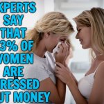 Building A Cash Reserve Can Help, Experts Say | EXPERTS
SAY
THAT
93% OF
WOMEN
ARE
STRESSED
ABOUT MONEY | image tagged in woman consoling crying woman,men vs women,men and women,because capitalism,crying,no money | made w/ Imgflip meme maker