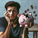 worried and stressed while holding a broken piggy bank labeled "