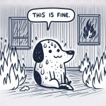 "This is fine" dog sitting in a room engulfed in flames. The dog