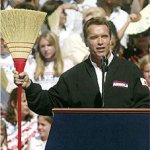 Arnold Schwarzenegger with broom to clean house