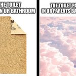 Toilet paper | THE TOILET PAPER IN UR PARENTS BATHROOM; THE TOILET PAPER IN UR BATHROOM | image tagged in split,toilet paper | made w/ Imgflip meme maker