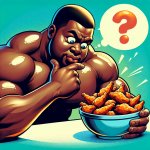 big black dude looking at a bowl of chicken