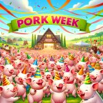 Celebration with a pig community, with banner saying " PORK WEEK