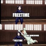 Zenitsu | FREETIME; DUE HOMEWORK; FREETIME | image tagged in zenitsu,anime | made w/ Imgflip meme maker