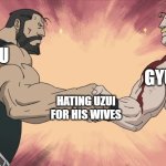 Manly Handshake | GYUTARO; ZENITSU; HATING UZUI FOR HIS WIVES | image tagged in manly handshake,anime,demon slayer | made w/ Imgflip meme maker