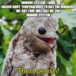 So true | IMMUNE SYSTEM: I HAVE RAISED BODY  TEMPERATURES TO KILL THE INVADERS 
ME: BUT THAT WILL KILL ME TOO 
IMMUNE SYSTEM:; Then perish! | image tagged in t h e n p e r i s h | made w/ Imgflip meme maker