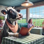 A cow eating in a restaurant table