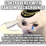 hi, can i order some logic without the BS sauce? | CONTROVERSY WITH RANDOM BACKGROUNDS; HOW COME A TRIBUTE TO FALLEN SOLDIERS AND ONES STILL WITH US ONLY GETS A DAY WHEN “PRIDE” GETS A WHOLE MONTH? IDC BOUT PRIDE BUT CAN WE ATLEAST GET A MONTH FIR THE ARMY TOO?? | image tagged in updated saluting navy cat,army,lgbtq,nonsense | made w/ Imgflip meme maker