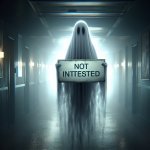 A ghost holding a sign that says not interested