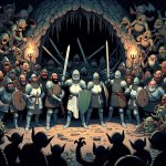 Knights in 1100 A.D. attacking a cave filled with goblins