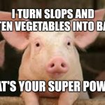 pig | I TURN SLOPS AND ROTTEN VEGETABLES INTO BACON; WHAT'S YOUR SUPER POWER? | image tagged in pig | made w/ Imgflip meme maker