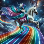 Drag queen riding on white unicorn on a rainbow road through spa
