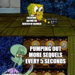 And they won't stop coming, and they won't stop coming... | EVERYONE HATING ON GARTEN OF BANBAN; PUMPING OUT MORE SEQUELS EVERY 5 SECONDS; EUPHORIC BROTHERS | image tagged in spongebob vs squidward alarm clocks | made w/ Imgflip meme maker