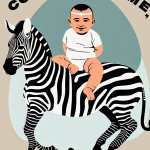 a baby siting on a zebra saying come and get me fools