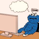the cookie monster complains via laptop.